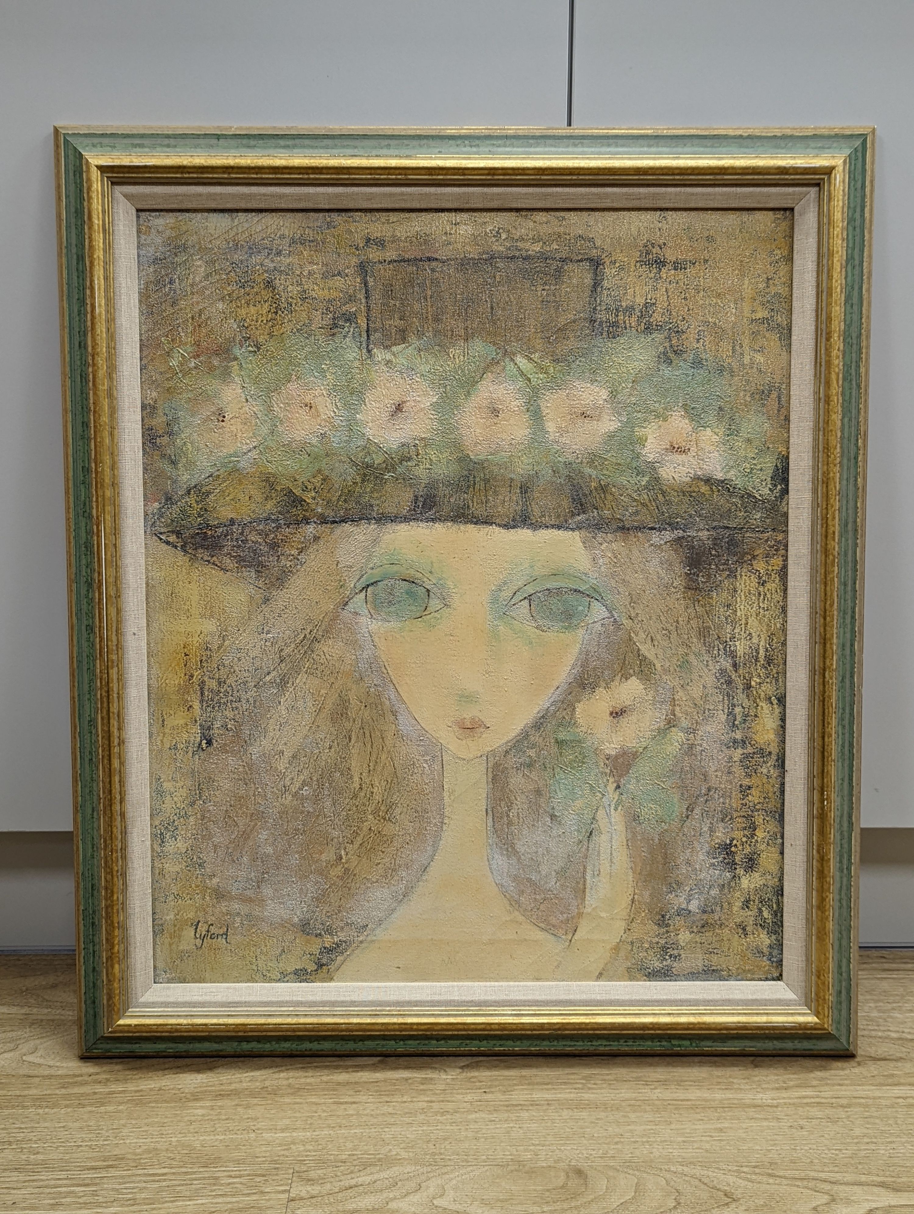 Philip Lyford (1887-1950), oil on canvas, Portrait of a girl wearing a wide brimmed bonnet, oil on canvas, signed, 60 x 50cm
